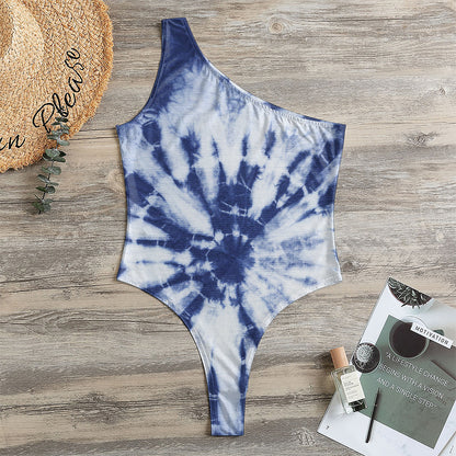 Blue And White Tie Dye Print One Shoulder Bodysuit