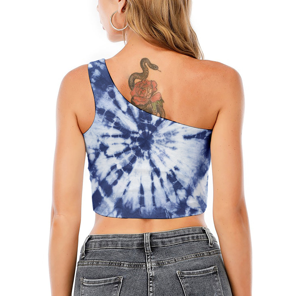Blue And White Tie Dye Print One Shoulder Crop Top