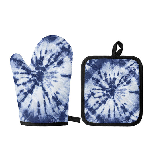 Blue And White Tie Dye Print Oven Mitt And Pot Holder Set