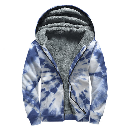 Blue And White Tie Dye Print Sherpa Lined Zip Up Hoodie