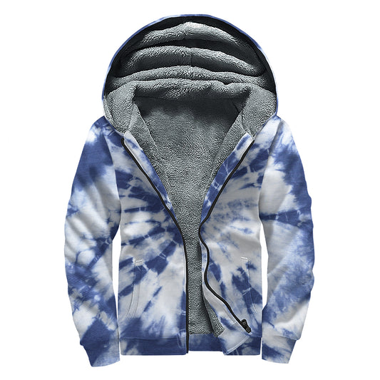 Blue And White Tie Dye Print Sherpa Lined Zip Up Hoodie