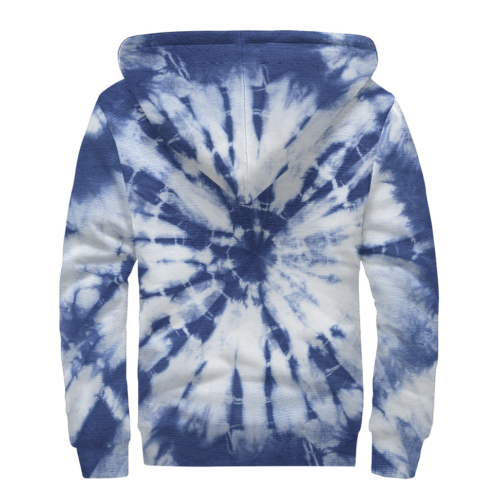 Blue And White Tie Dye Print Sherpa Lined Zip Up Hoodie