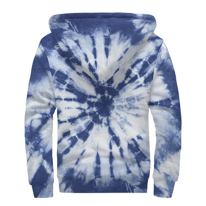 Blue And White Tie Dye Print Sherpa Lined Zip Up Hoodie