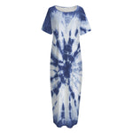 Blue And White Tie Dye Print Short Sleeve Long Nightdress