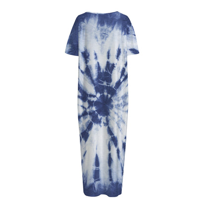 Blue And White Tie Dye Print Short Sleeve Long Nightdress