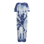 Blue And White Tie Dye Print Short Sleeve Long Nightdress