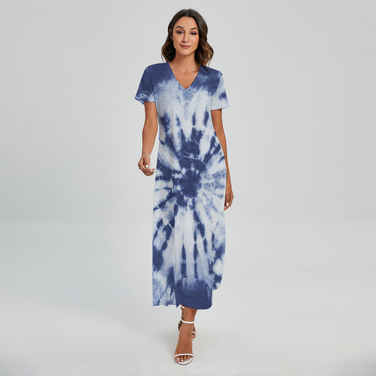 Blue And White Tie Dye Print Short Sleeve Maxi Dress
