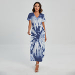 Blue And White Tie Dye Print Short Sleeve Maxi Dress