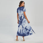Blue And White Tie Dye Print Short Sleeve Maxi Dress