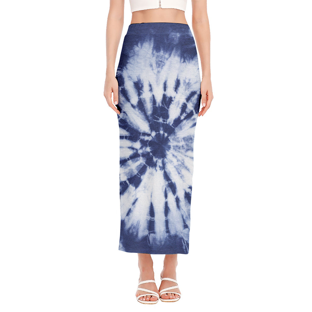 Blue And White Tie Dye Print Side Slit Maxi Skirt