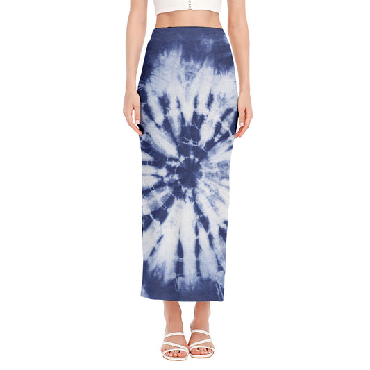 Blue And White Tie Dye Print Side Slit Maxi Skirt