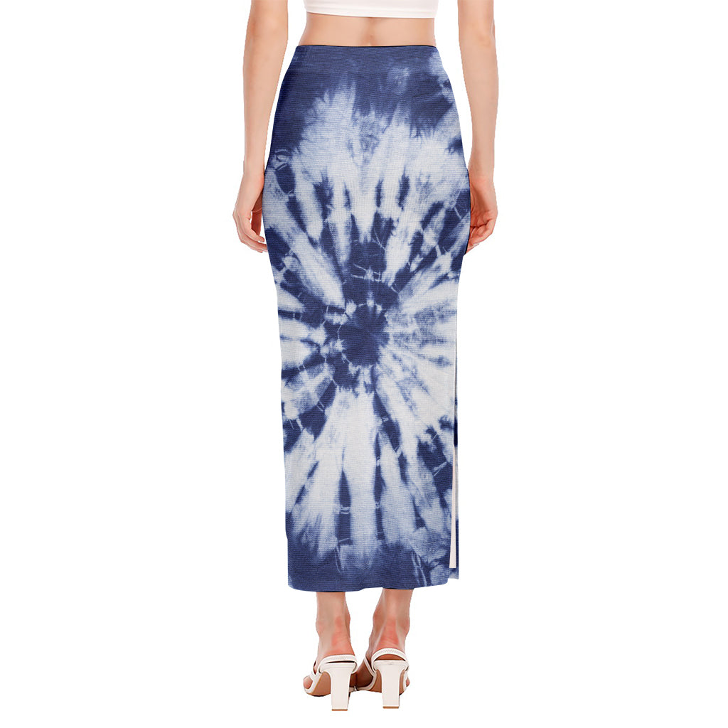 Blue And White Tie Dye Print Side Slit Maxi Skirt