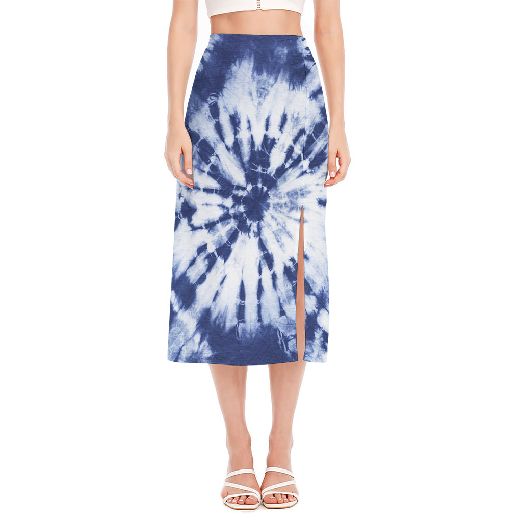 Blue And White Tie Dye Print Side Slit Midi Skirt