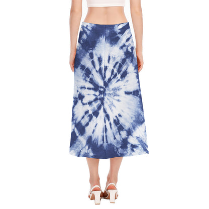 Blue And White Tie Dye Print Side Slit Midi Skirt