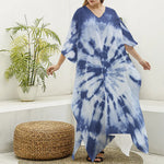 Blue And White Tie Dye Print Silk V-Neck Kaftan Dress