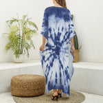 Blue And White Tie Dye Print Silk V-Neck Kaftan Dress