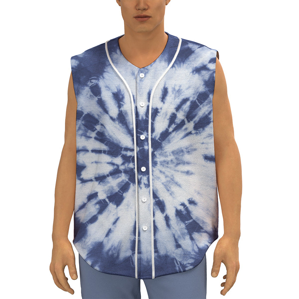 Blue And White Tie Dye Print Sleeveless Baseball Jersey