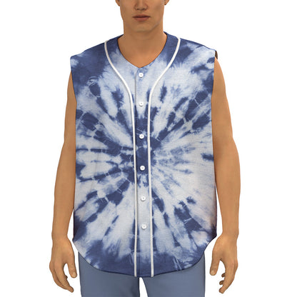 Blue And White Tie Dye Print Sleeveless Baseball Jersey