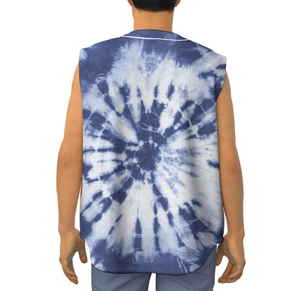 Blue And White Tie Dye Print Sleeveless Baseball Jersey
