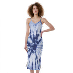 Blue And White Tie Dye Print Slim Fit Midi Cami Dress