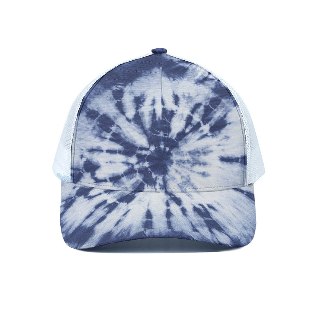Blue And White Tie Dye Print White Mesh Trucker Cap