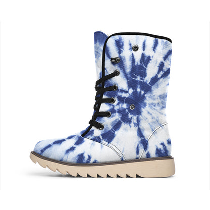 Blue And White Tie Dye Print Winter Boots