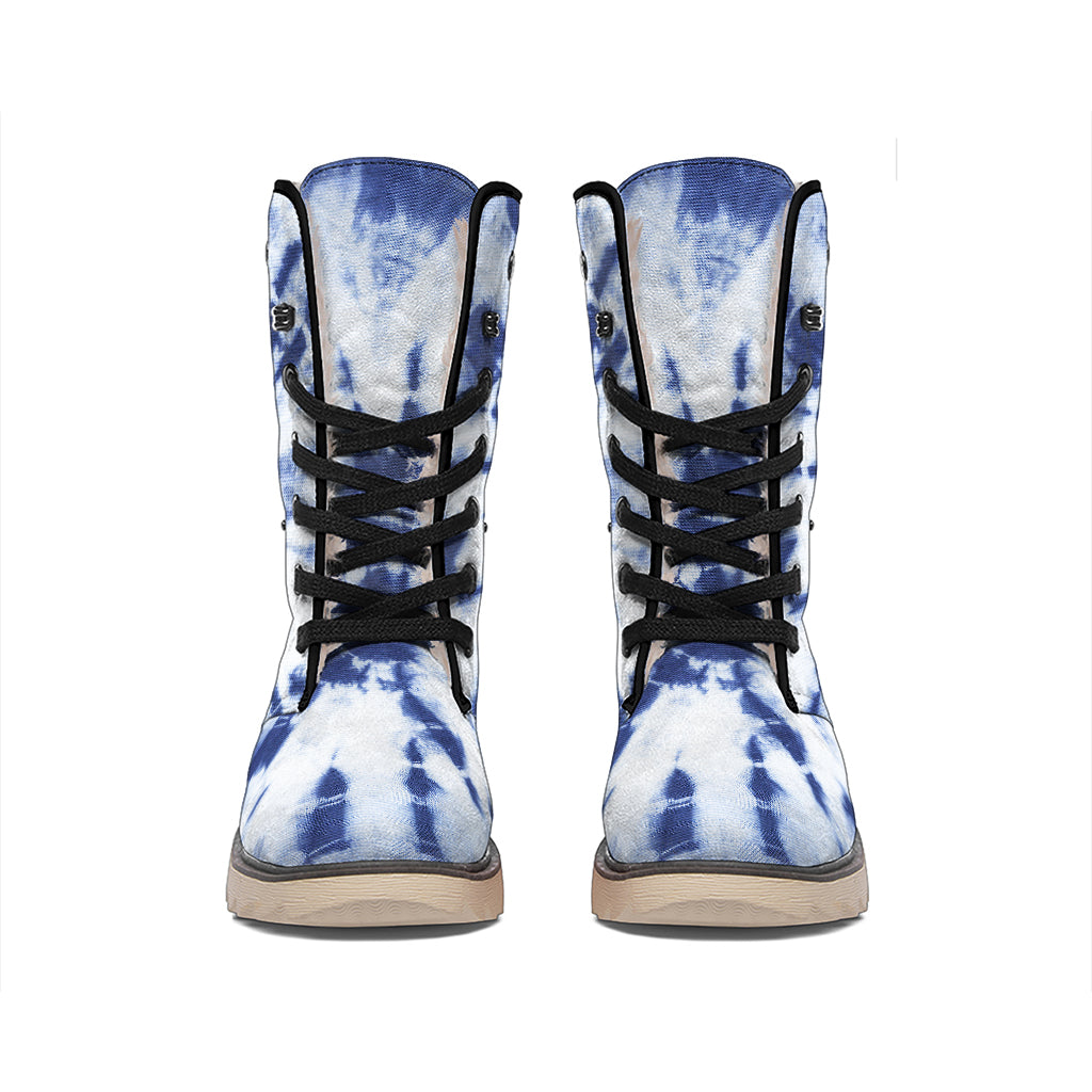 Blue And White Tie Dye Print Winter Boots