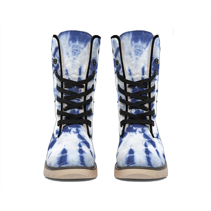 Blue And White Tie Dye Print Winter Boots