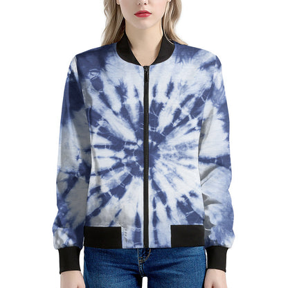 Blue And White Tie Dye Print Women's Bomber Jacket