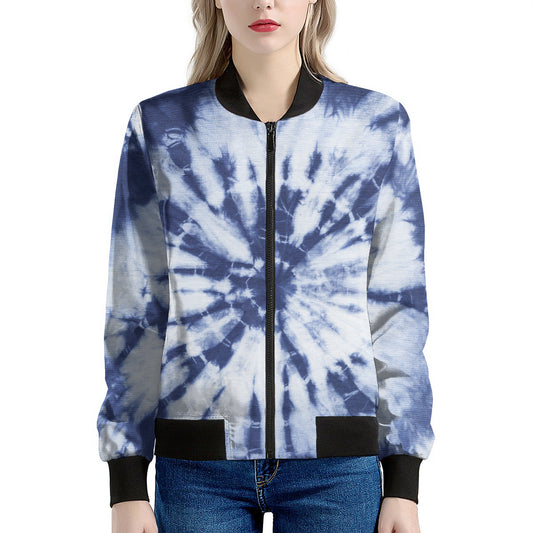 Blue And White Tie Dye Print Women's Bomber Jacket