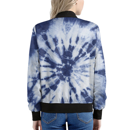 Blue And White Tie Dye Print Women's Bomber Jacket