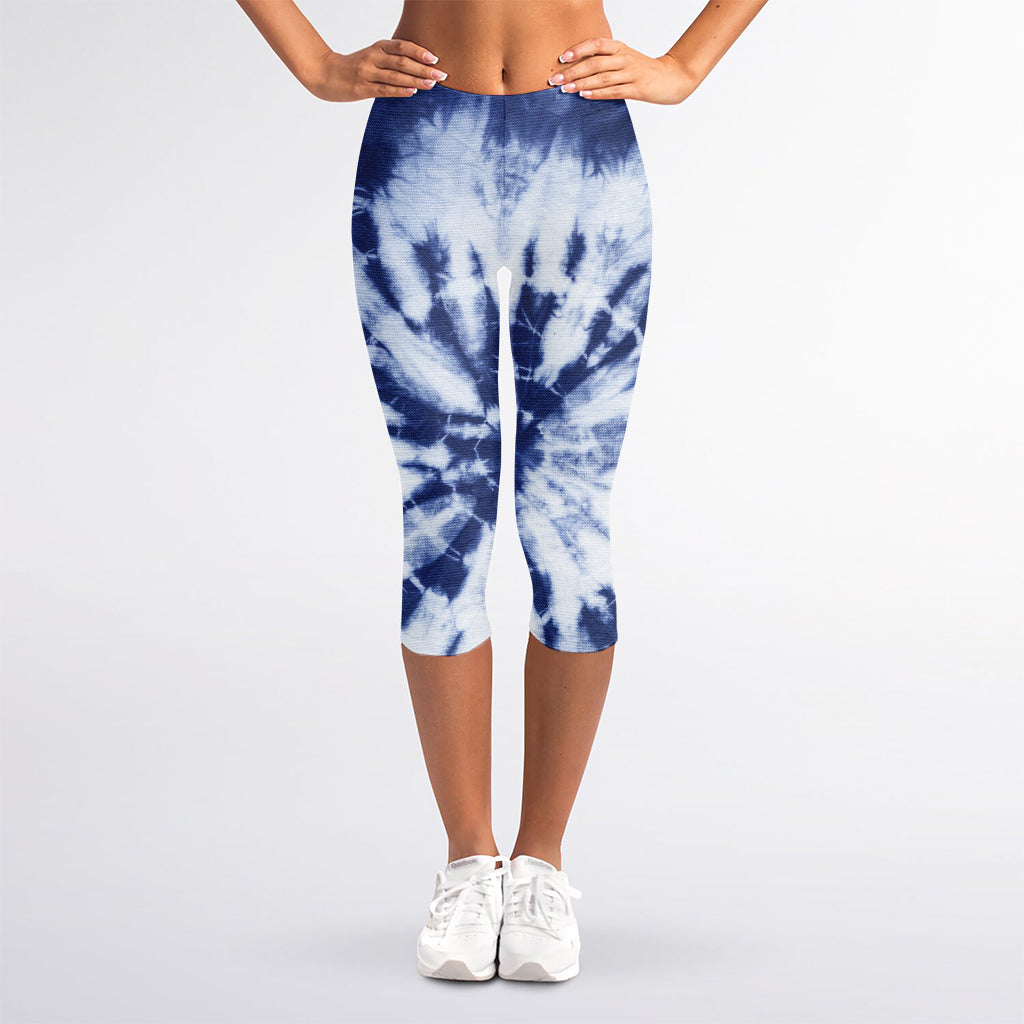 Blue And White Tie Dye Print Women's Capri Leggings