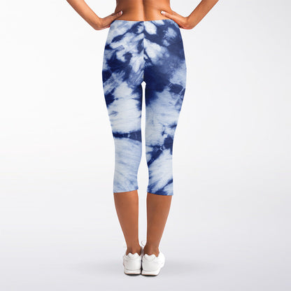 Blue And White Tie Dye Print Women's Capri Leggings