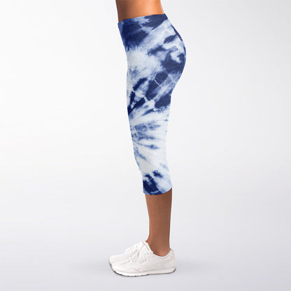 Blue And White Tie Dye Print Women's Capri Leggings