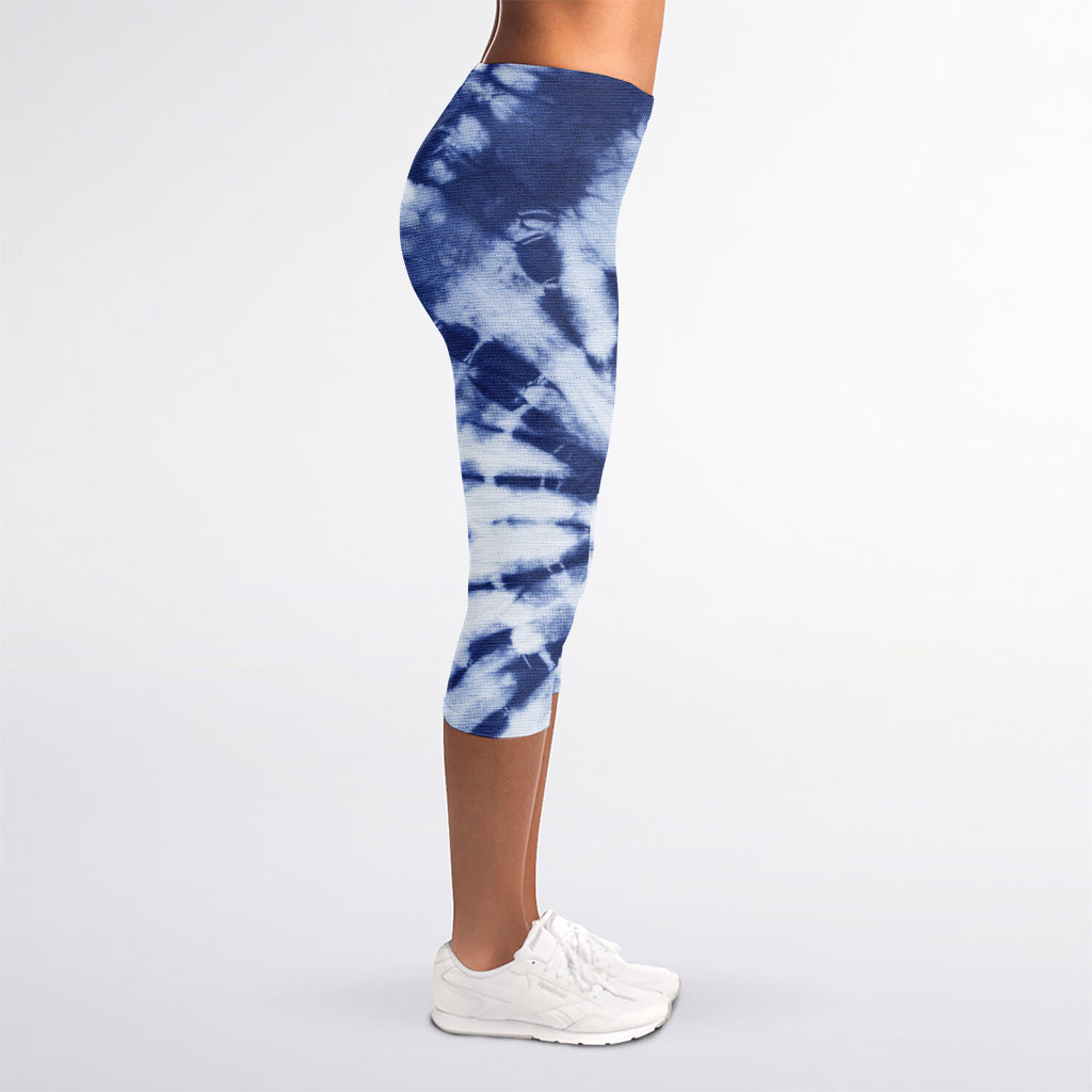 Blue And White Tie Dye Print Women's Capri Leggings