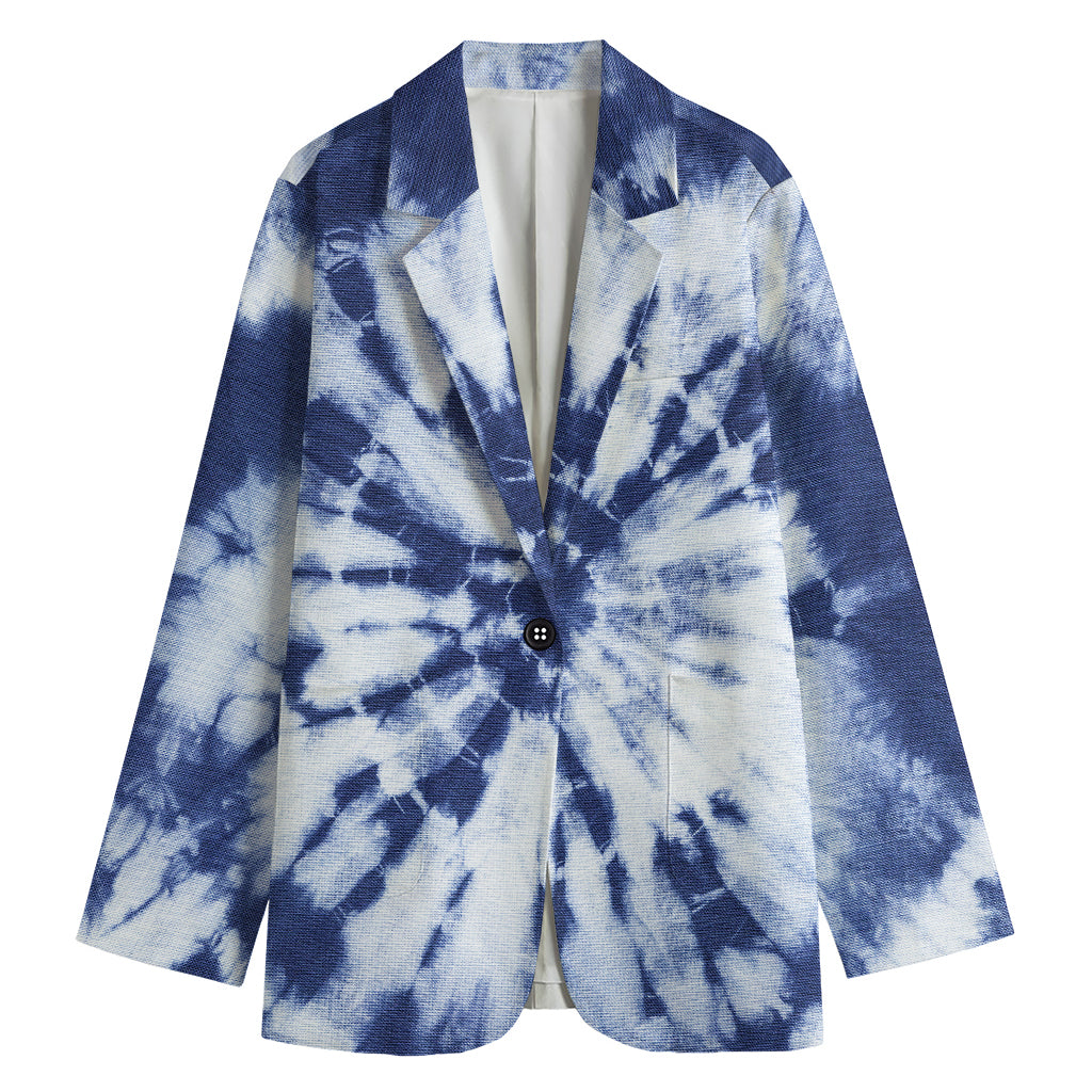 Blue And White Tie Dye Print Women's Cotton Blazer