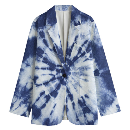 Blue And White Tie Dye Print Women's Cotton Blazer
