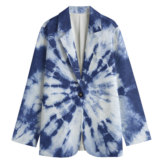 Blue And White Tie Dye Print Women's Cotton Blazer