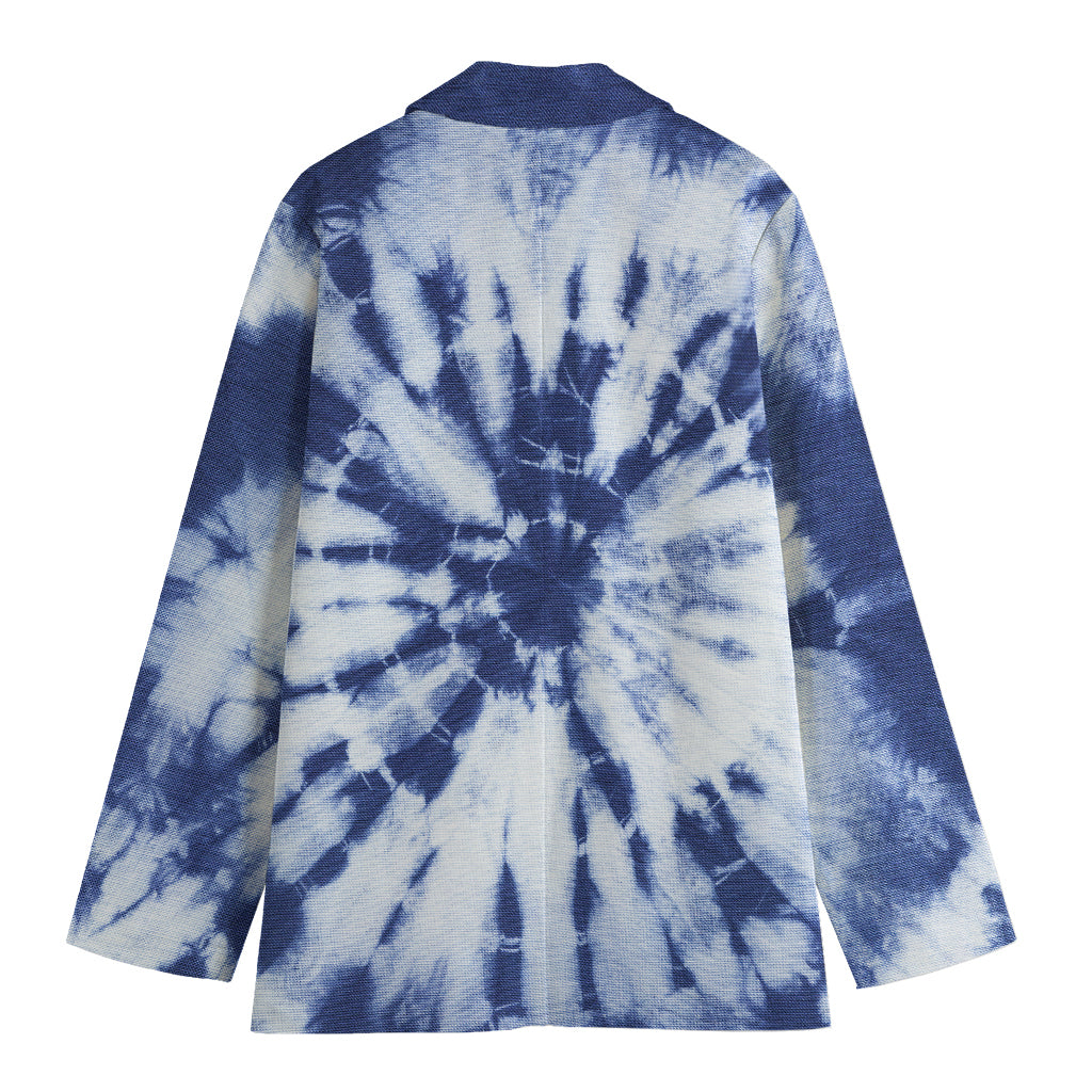 Blue And White Tie Dye Print Women's Cotton Blazer