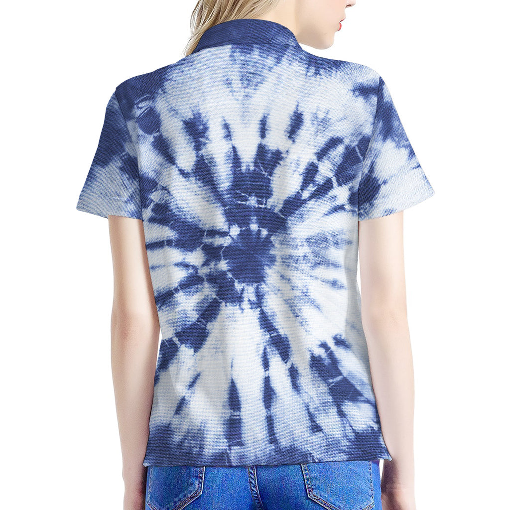 Blue And White Tie Dye Print Women's Polo Shirt
