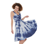 Blue And White Tie Dye Print Women's Sleeveless Dress