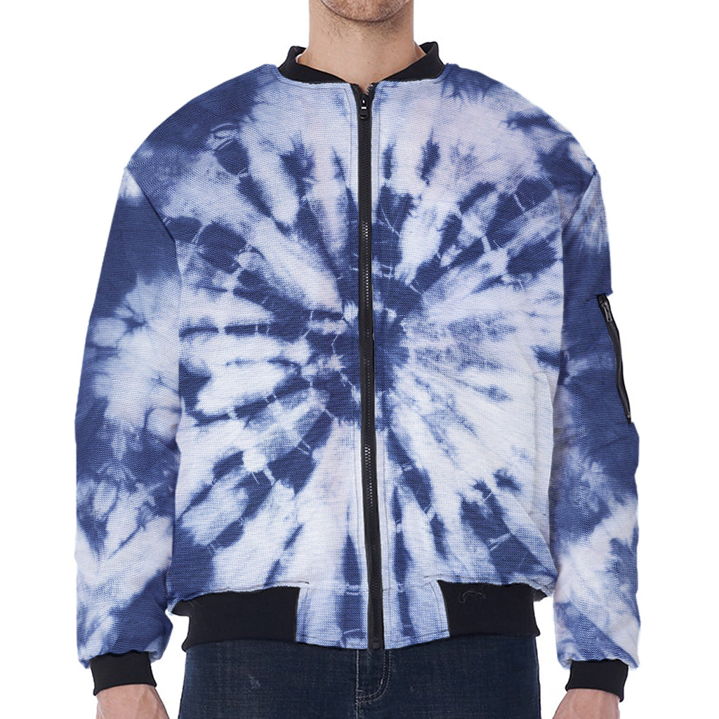 Blue And White Tie Dye Print Zip Sleeve Bomber Jacket