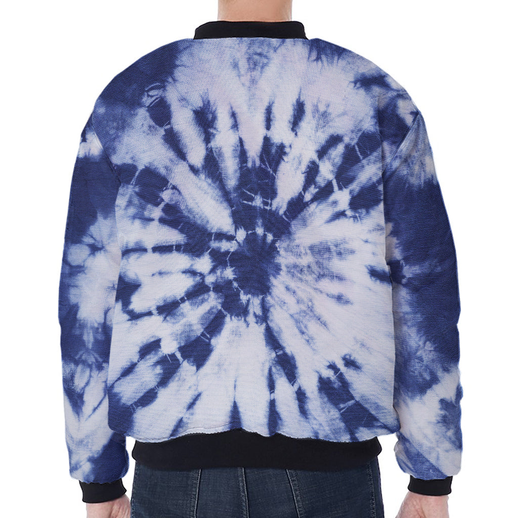 Blue And White Tie Dye Print Zip Sleeve Bomber Jacket