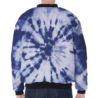 Blue And White Tie Dye Print Zip Sleeve Bomber Jacket