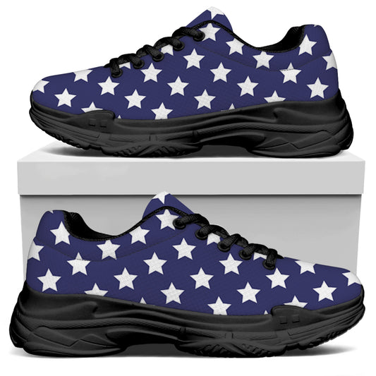 Blue And White USA Star Pattern Print Black Chunky Shoes
