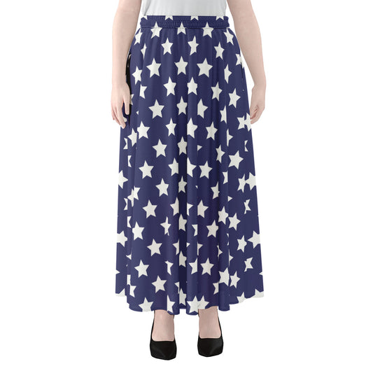 Blue And White USA Star Pattern Print Chiffon Maxi Skirt