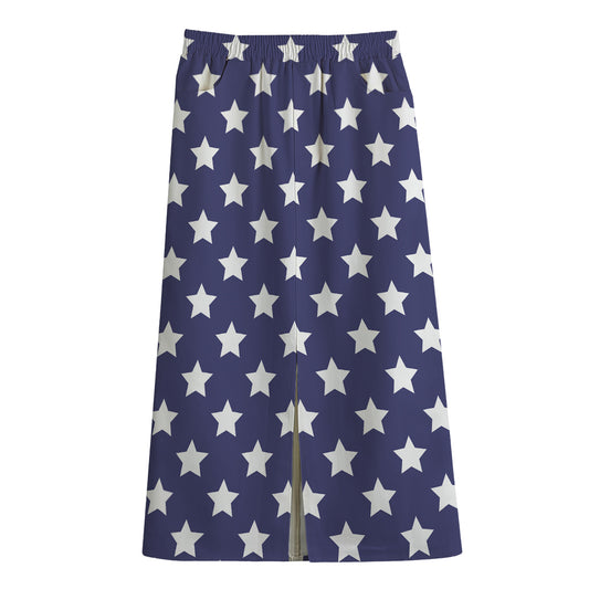 Blue And White USA Star Pattern Print Cotton Front Slit Maxi Skirt