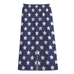 Blue And White USA Star Pattern Print Cotton Front Slit Maxi Skirt