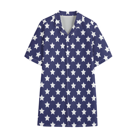 Blue And White USA Star Pattern Print Cotton Hawaiian Shirt