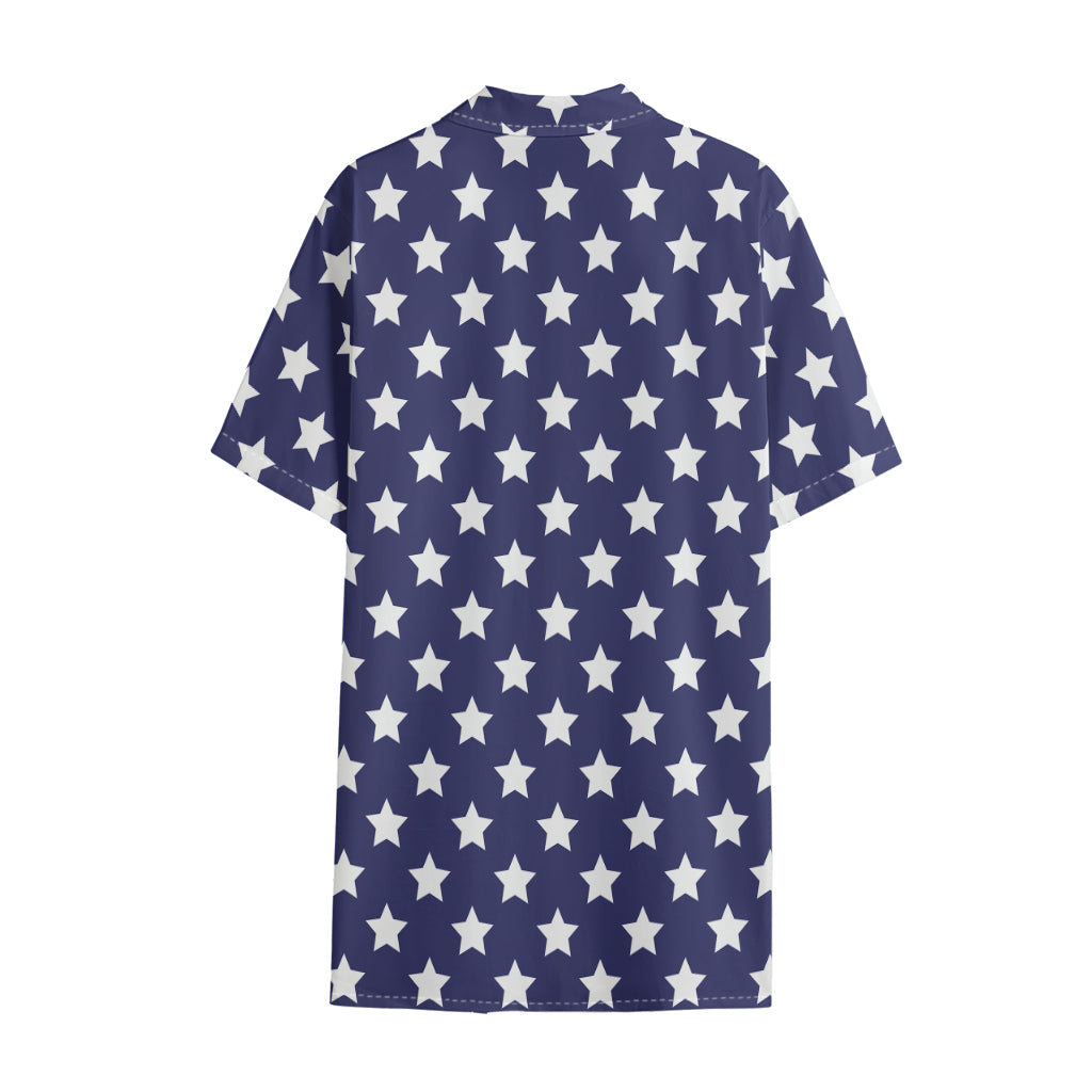 Blue And White USA Star Pattern Print Cotton Hawaiian Shirt